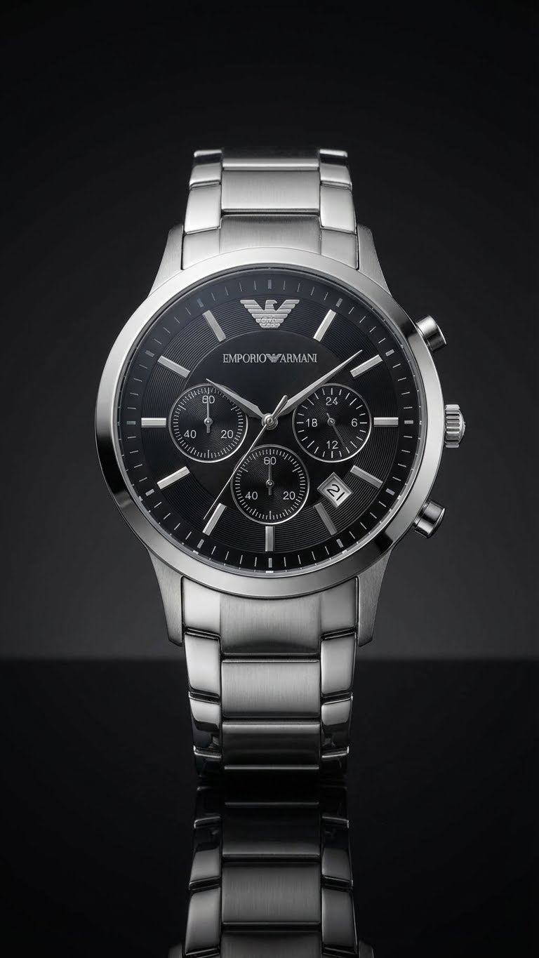 Armani-Style Stainless Steel Chronograph Watch – Black Dial