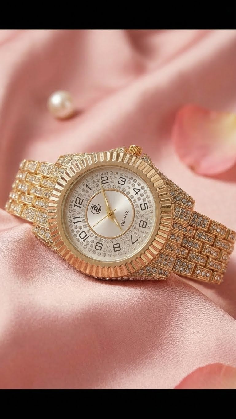 Bioo Apex Glitz Iced‑Out Gold‑Tone Quartz Watch