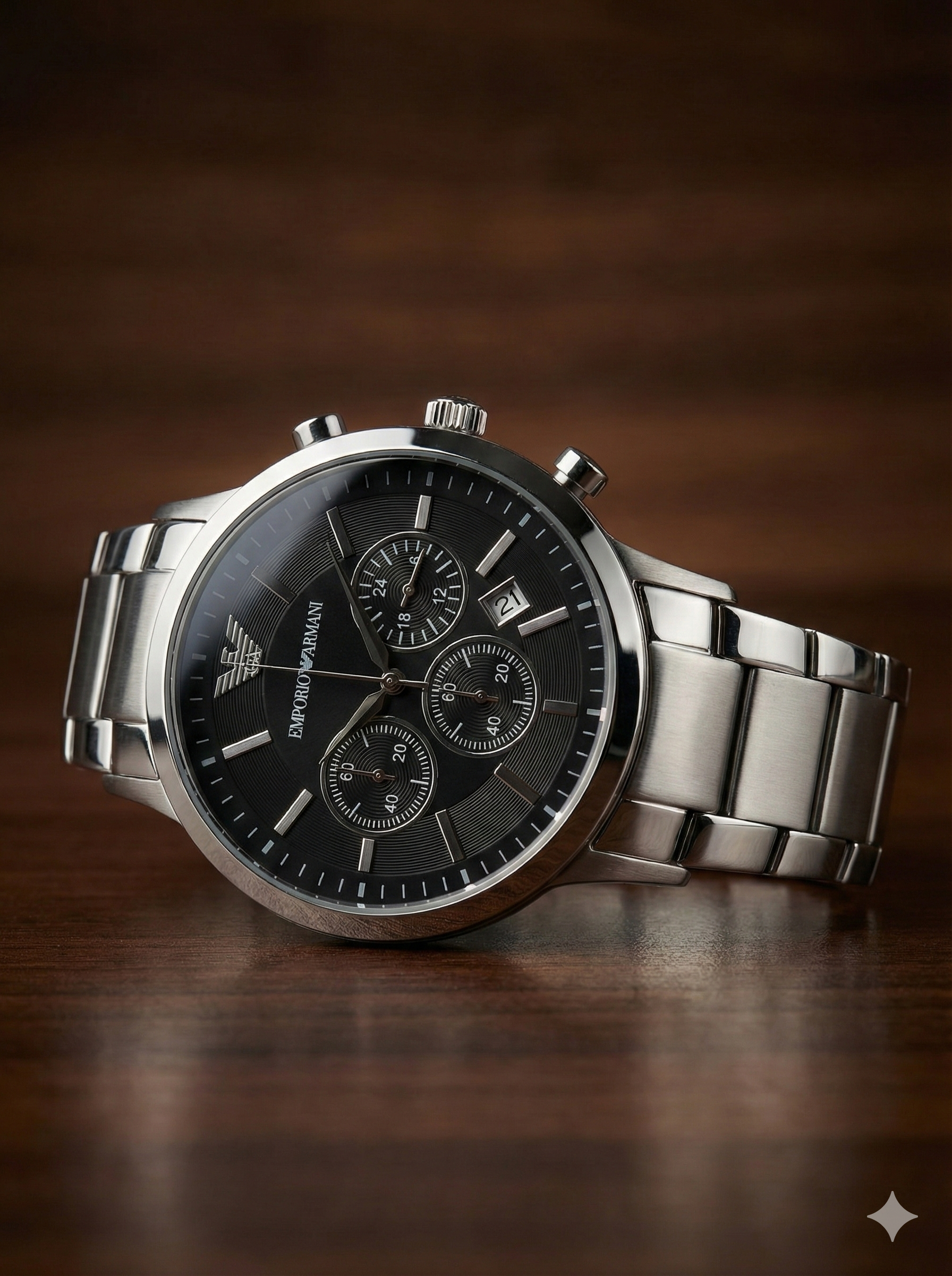 Armani-Style Stainless Steel Chronograph Watch – Black Dial