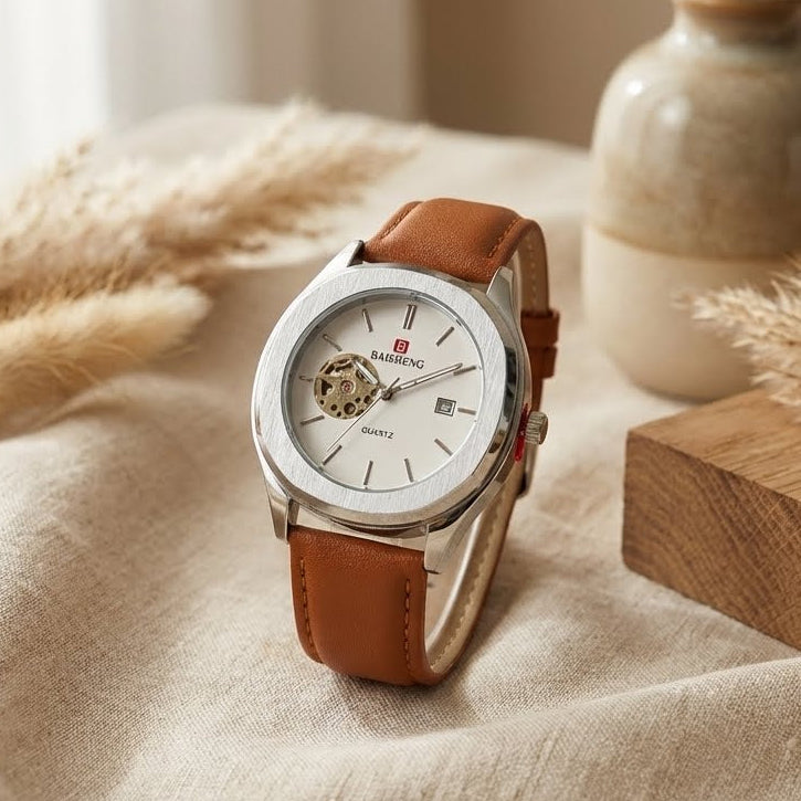 Baisheng Heritage Open-Heart Quartz Watch – Brown Leather Edition